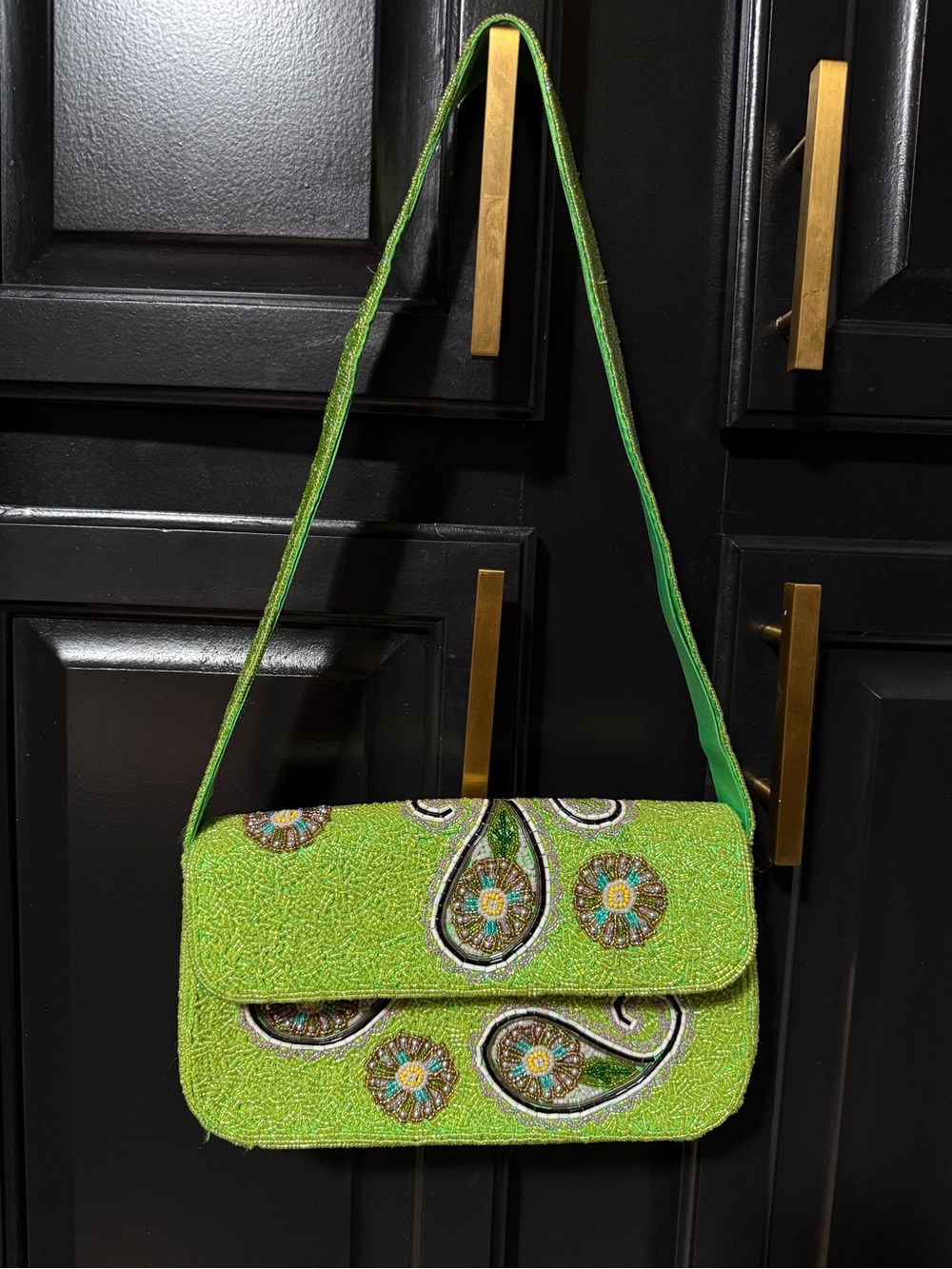 Studio Barse Lime Green Beaded paisley Floral Shoulder Clutch